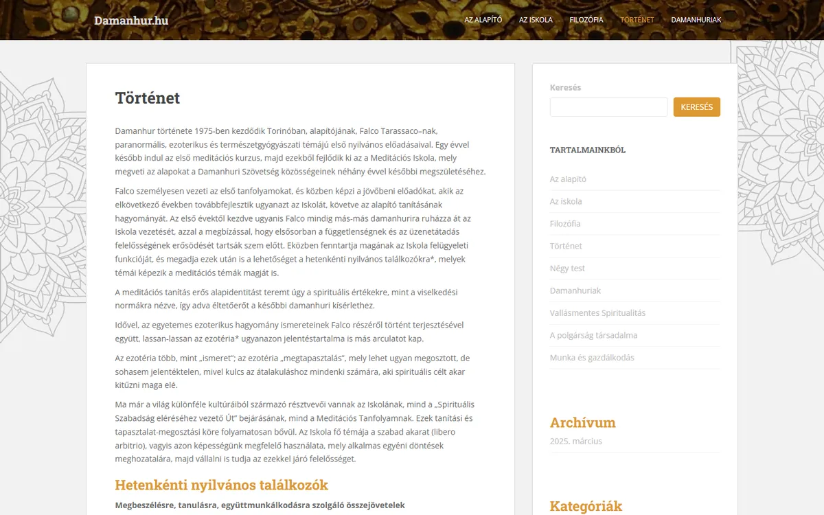 A(z) Damanhur Magyarország weboldal képernyőképe