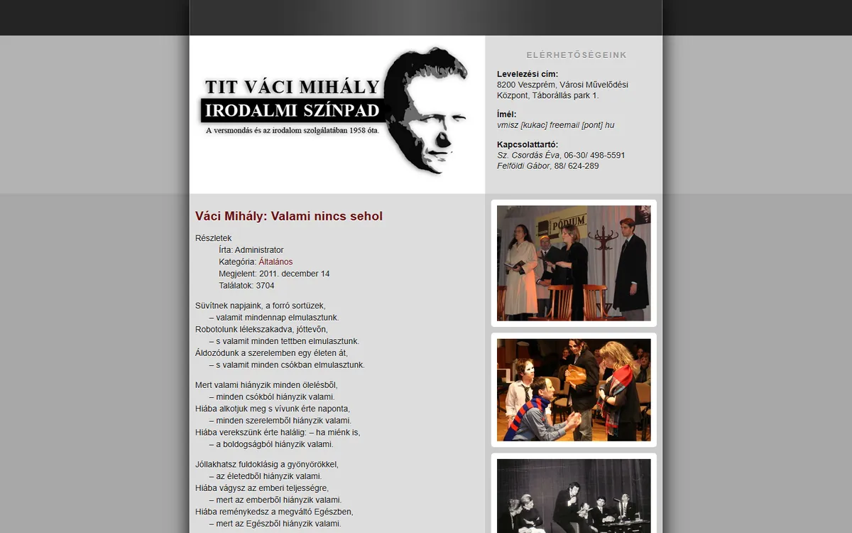 A(z) Váci Mihály Irodalmi Színpad weboldal képernyőképe